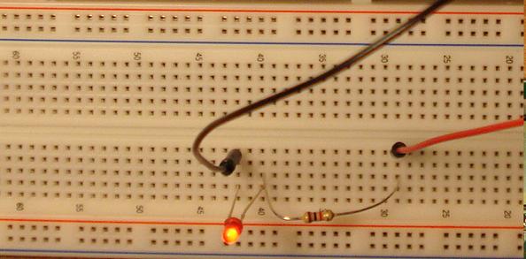 An LED connected to a 1kilo ohm resistor