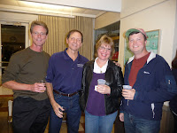 Fall Fleet Fling and skippers' meeting / Dave Hardy and Bill Bartz (both Turning Point) and Laura Olson (Collaboration) and Peter Nielsen (formerly Cancan)