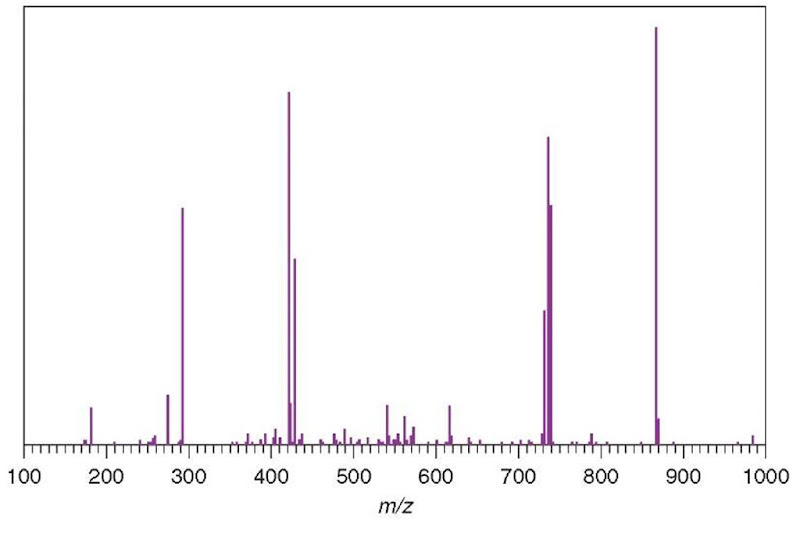 Example uninterpreted tandem mass spectrum. The displayed peak list, precursor ion charge state, and precursor or peptide mass are the input for an MS/MS database search 