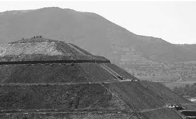 The Temple of the Sun at Teotihuacan, Mexico, reflecting the shaping of the hill, Cerro Gordo, to the north. 