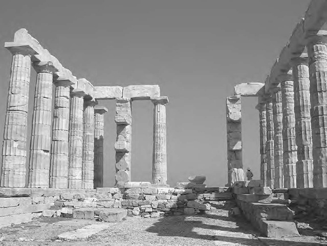 The Temple of Poseidon at Sounio, Greece, viewed toward the entrance. Like many such temples it faces within a few degrees of east. 