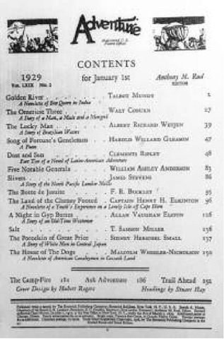 Contents page from Adventure magazine, 1929, 