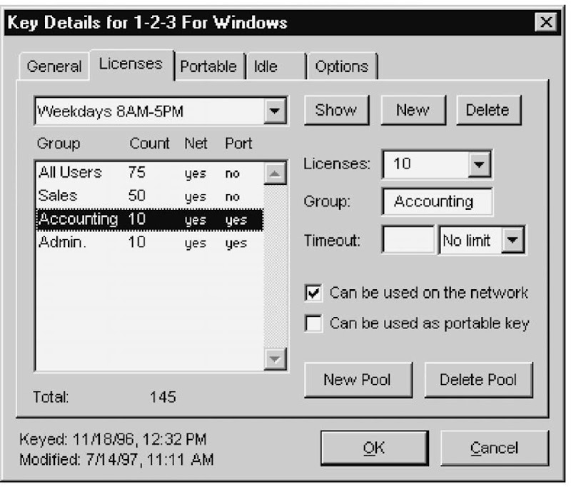 Using the Key Details window in Sassafras Software' KeyServer, the IT administrator can set up permissions for multiple groups of users via TCP/IP nets. 