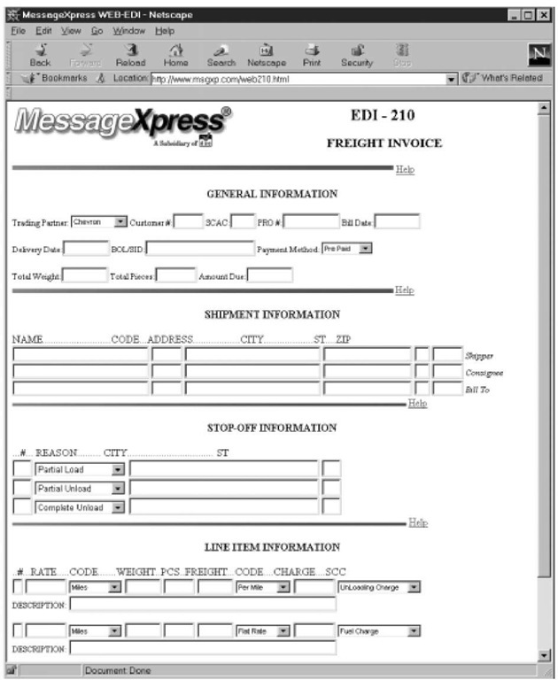 A MessageXpress Web Basic EDI form for a freight invoice. 