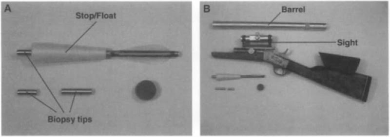 The "Larsen" long-range skin biopsy system. (A) The projectile unit with biopsy tips and concave stop, which acts as afloat as well. (B) The delivery system (a Remington rolling block system rifle), complete with barrel and sighting aid. 