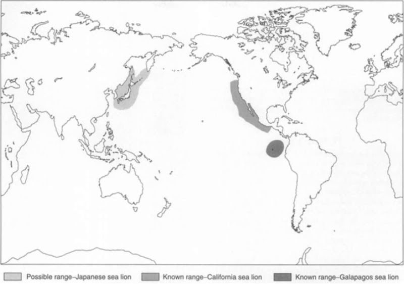 Ranges of California, Galapagos, and Japanese sea lions. 