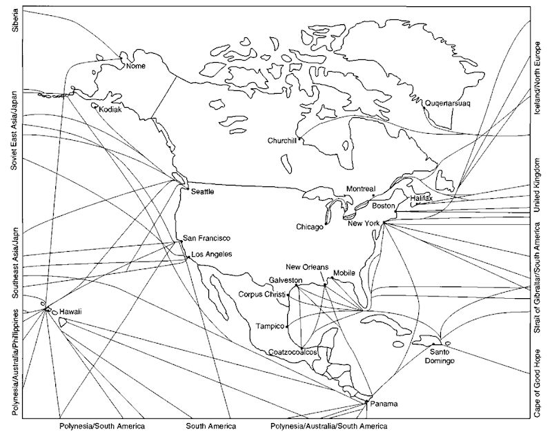 Major international shipping lanes in North American waters. 