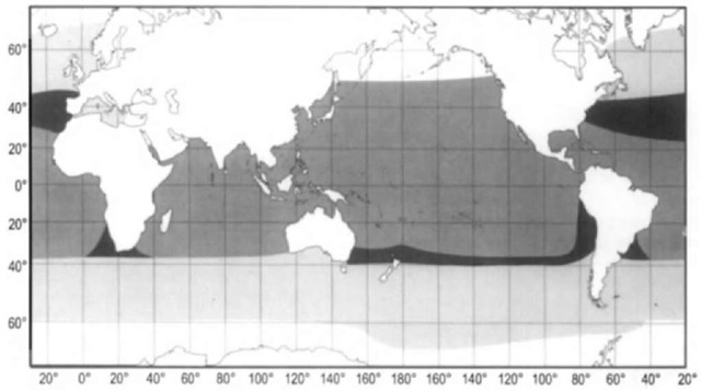 Worldwide distribution of pilot whales. The distribution of long-finned pilot whales is indicated by light shading and the distribution of short-finned pilot whales by medium shading. Dark shading indicates regions where the species overlap. 