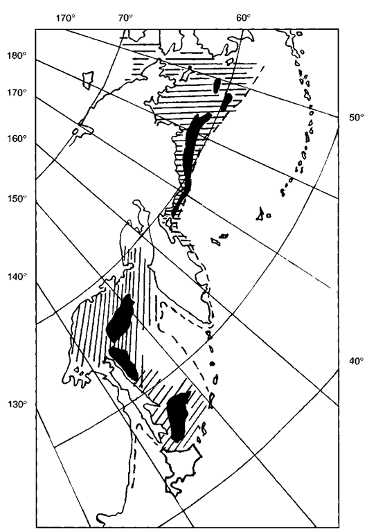 Different populations and breeding sites of the ribbon seal in North Pacific seas. Broken line, ice edgesolid areas, breeding sites; horizontal stripes, the Bering Sea population; vertical stripes, the northwestern part of the Okhotsk Sea population; and diagonal stripes, the southern part of the Okhotsk Sea population. 