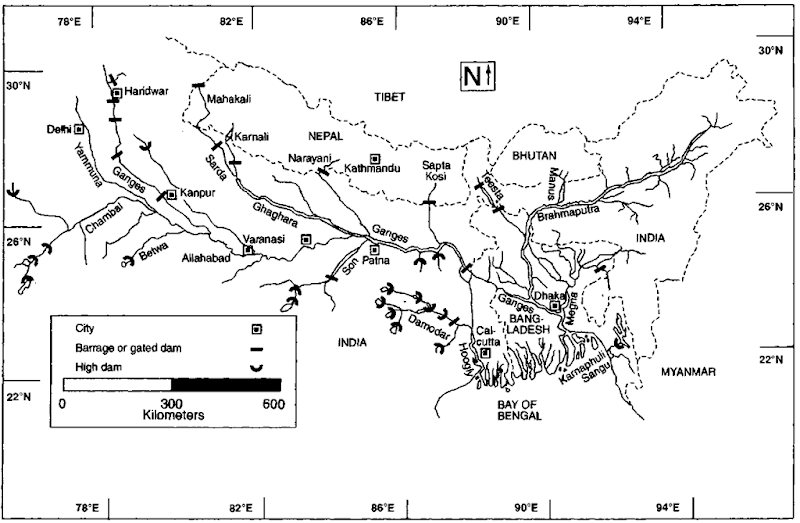 Map of the Ganges-Brahmaputra-Megna and Karnaphuli-Sangu river systems of Nepal, India, and Bangladesh showing dams and barrages that have fragmented the popidation of susus and degraded their habitat. 