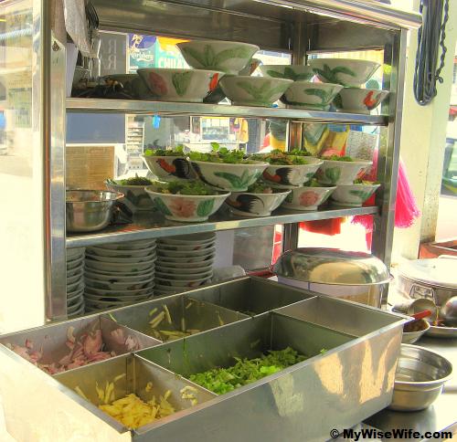 Gearing up - bowls with rice noodles and garnishing