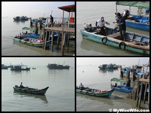 A story captured at Chew Jetty (from top left anti-clockwise): A man sending goods to boat, Paying for transport fee, Boat is leaving jetty, Boat is delivering goods to anchored boat at sea