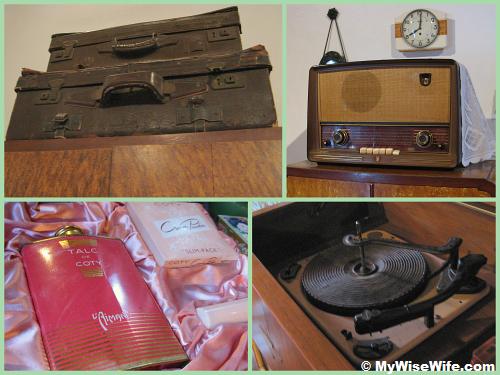 Vintage items from top left (clock-wise): Traveling baggage, radio, vinyl record player, talc Vintage items from top left (clock-wise): Traveling baggage, radio, vinyl record player, talc