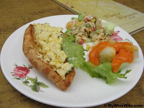 Breakfast egg croissont, pasta and potato
