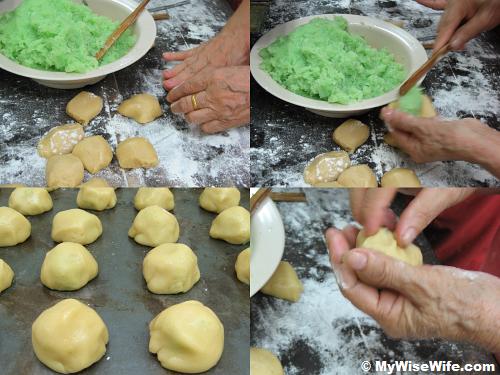 From top left (clockwise): Flatten dough, Fill shredded coconut, Fold it and make it roundish 