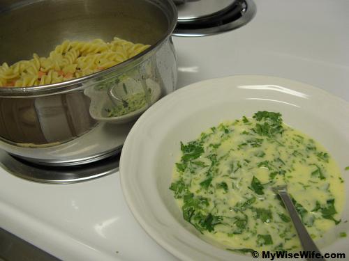 Carbonara sauce to be poured into saucepan Carbonara sauce to be poured into saucepan