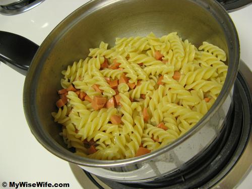 Add in diced frankfurter Add in diced frankfurter