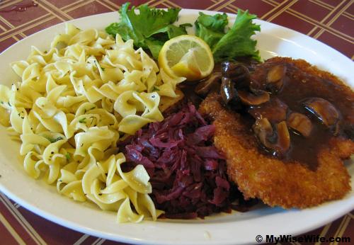 Jager Schnitzel   - a breaded pork cutlet with brown mushroom gravy