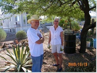 Jim and Toma working in the cactus garden already!