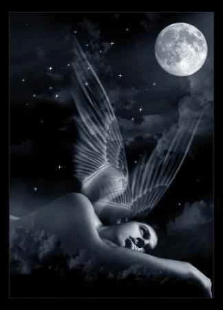 anjo gótico triste com asas abertas vendo a lua e as estrelas