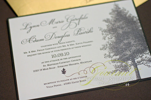 I designed the invitation with an oak tree and a whimsical oak leaf twirling