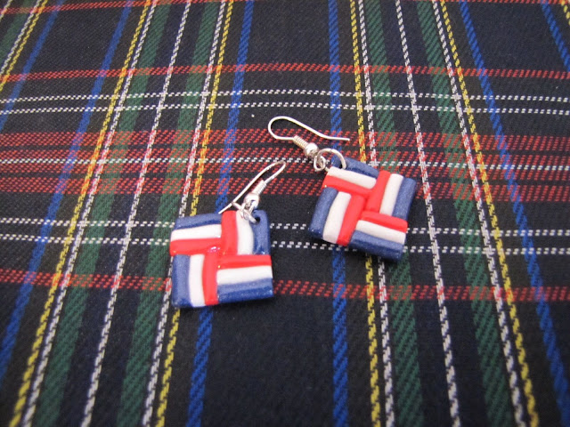Cercei handmade din Fimo, Rosu, alb, albastru