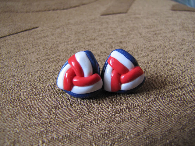 Cercei handmade din Fimo, Rosu, alb, albastru