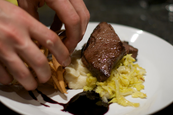Venison steak with parsnip puree, parsnip crisps, savoy cabbage