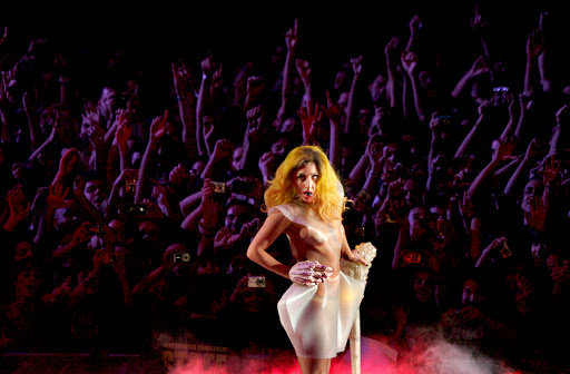 B51. BARCELONA, 07/10/2010. La cantante neoyorquina Lady Gaga, durante su actuaci—n esta noche en el concierto que ha ofrecido en el Palau Sant Jordi de Barcelona, incluido en su