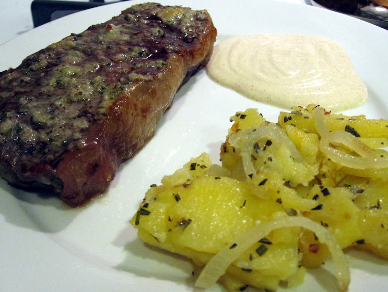rosemary butter steak with mustard cream sauce and rosemary roasted potatoes