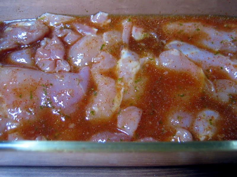 Chicken thighs in the chipotle-lime marinade. They can sit in the marinade in the fridge from 2 hours to overnight, just make sure to let the chicken come to room temperature before cooking it. This step makes for juicier and more tender meat.