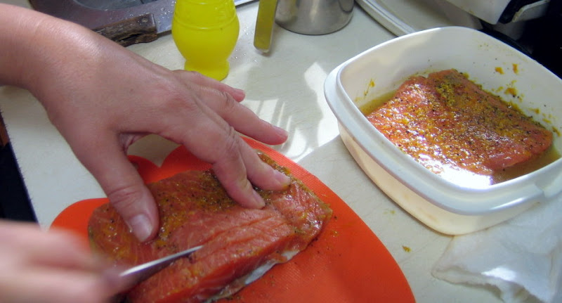 When youre ready to serve the orange cured salmon, scrape off the rub and slice it into thin pieces.