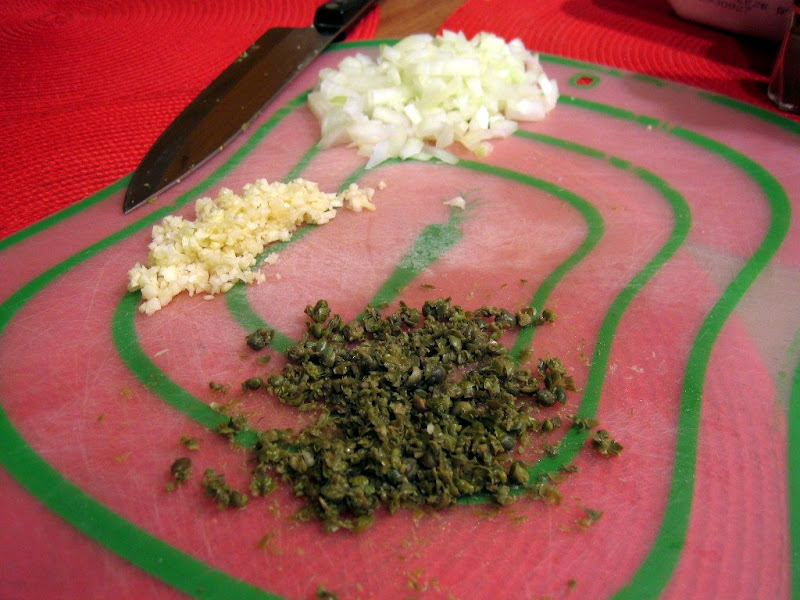 chopped capers, onions and  garlic