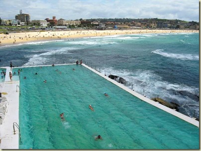 Swimming pool and Icebergs Swimming Club, and Bondi Beach in the background