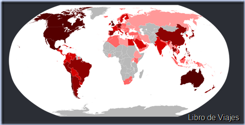 Número de personas infectadas por País. En Rojo Tinto países con más de 5000 casos, en Rojo más de 500, En Rosa Oscuro más de 50, En Rosa Claro más de 1 y en Gris ningún caso