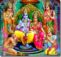 Rama with three brothers, wife, and Hanuman
