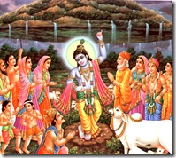 Krishna lifting Govardhana Hill