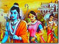 Rama, Sita, and Lakshmana leaving for the forest