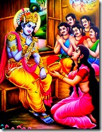 Krishna eating food offered by Draupadi