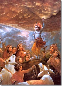 Lord Krishna lifting Govardhana Hill