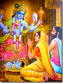 Lord Vishnu appearing before Devaki and Vasudeva