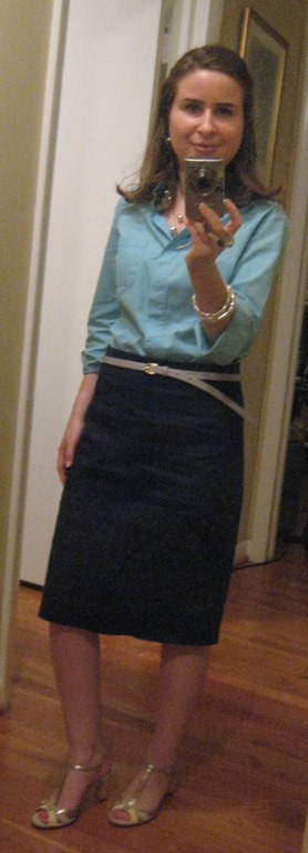 [Anne in Turquoise Shirt and Navy Pencil Skirt with Cinema Sandals[4].jpg]