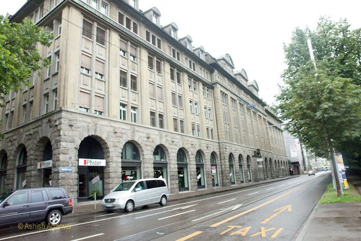 Street and a large building in Zurich
