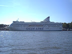 Docked ferry in harbor