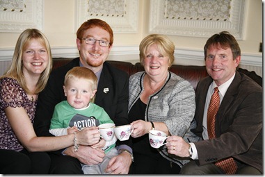 l-r  Karen, Thomas aged 3 and Neil Robinson toast the success of the Mayors Charity Appeal after their charity Action Duchenne were awarded  over £6000 by former Mayor of Cheshire East Council Margaret Simon and her Consort Maurice Simon