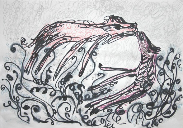 dogs kissing, 2005, marker inkt, potlood, alcohol op papier