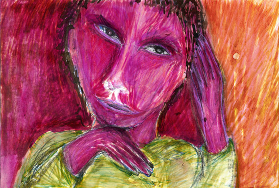 self portrait as critical thinker (2005 ~ 21 x 30 cm ~ mixed technique on paper)