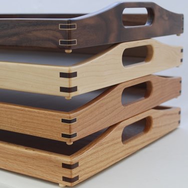 Four Serving Trays. Top to bottom; walnut, maple, cherry, oak.