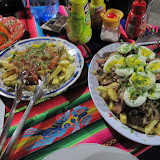 Traditional Bolivian food for dinner: Pique (french fries topped with meats and eggs).  There was veggie pique for Amy as well!