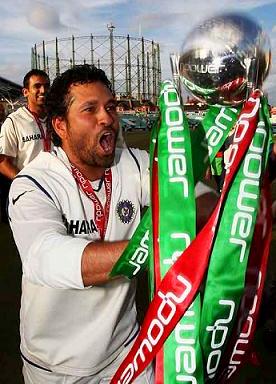Sachin Tendulkar happy with npower trophy after beating England in during the 2007 test series Sachin Tendulkar happy with npower trophy after beating England in during the 2007 test series